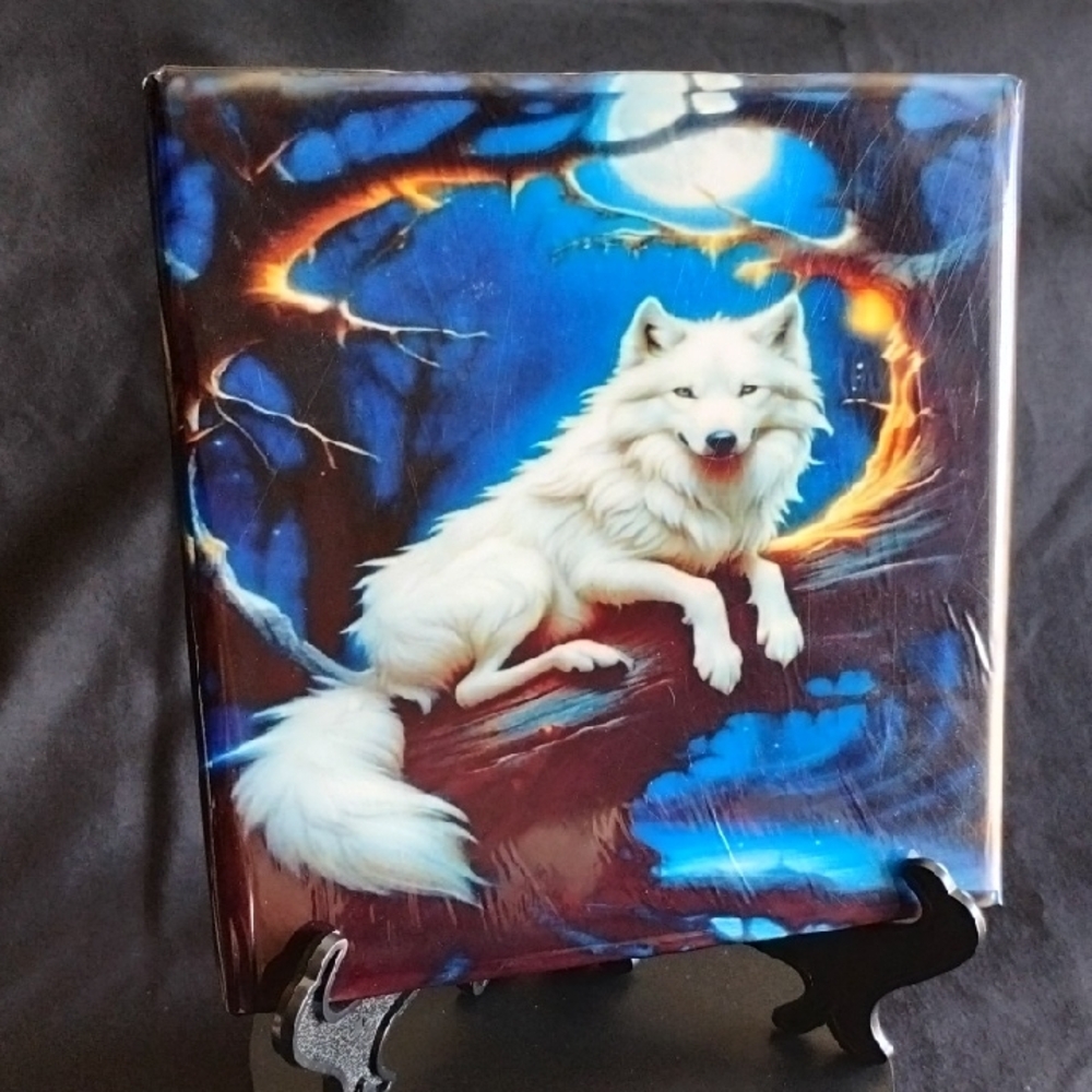 Hand Crafted White Wolf Ceramic Art with Blue and Orange Accents